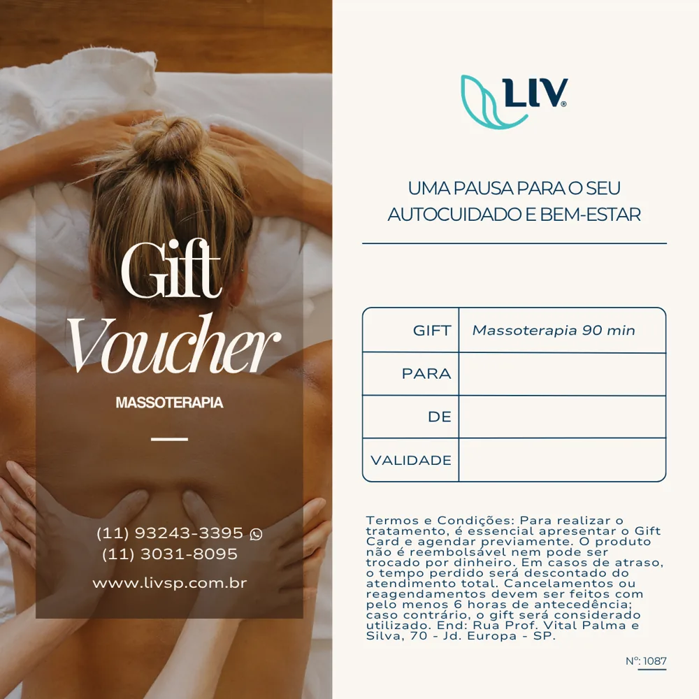 Vale-presente digital de massagem do LIV (Gift Voucher), com campos Para, De e Validade